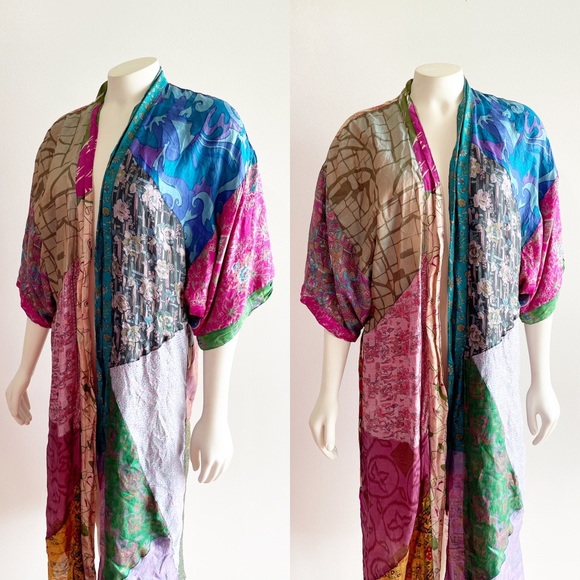 Sacred Threads Silk Kimono Robe Multicolor Patchwork Small - Picture 4 of 16